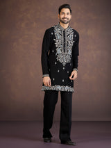 Black embroidered viscose blend kurta suit for reception