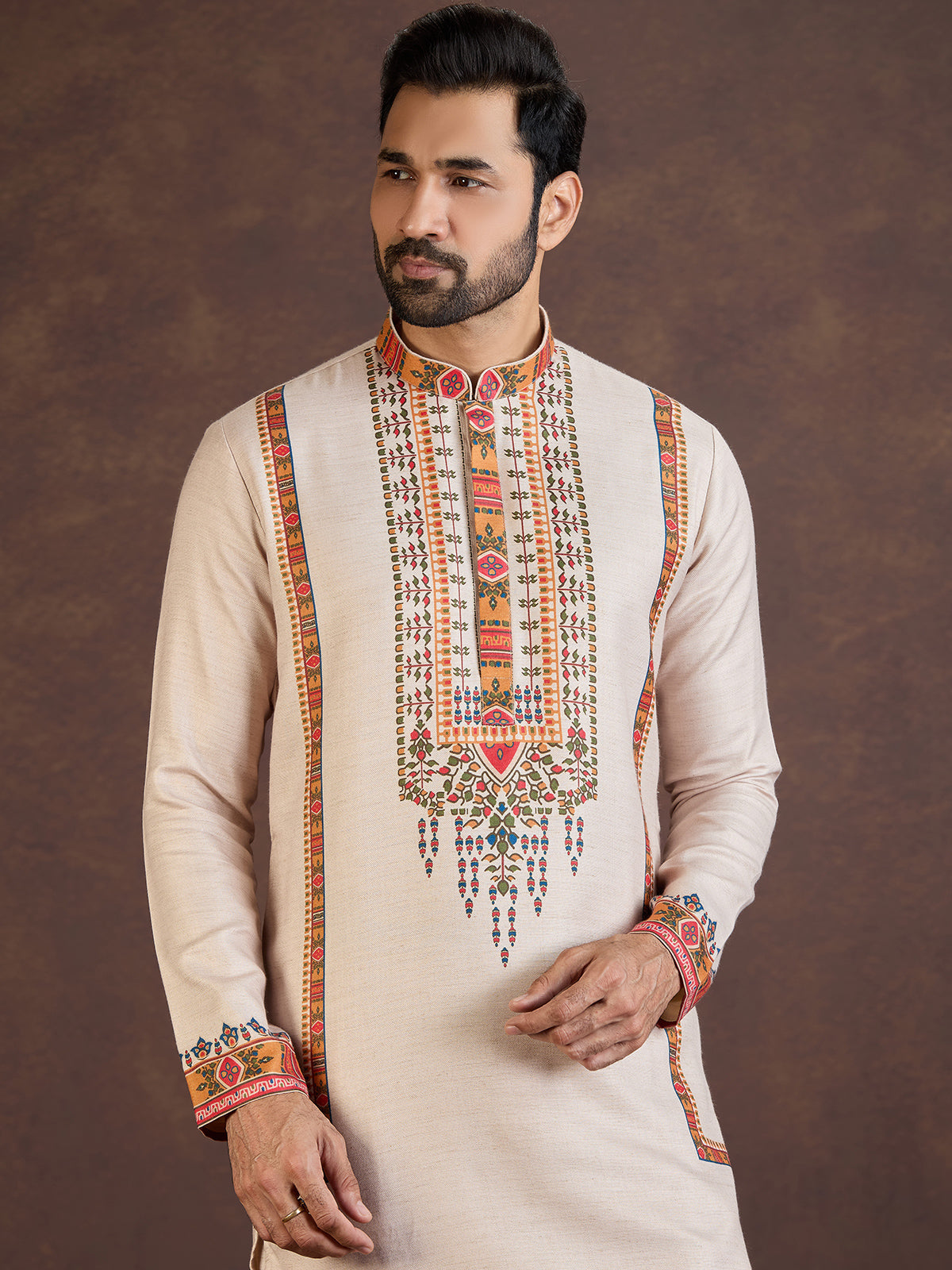 Beige printed soft linen kurta suit for wedding
