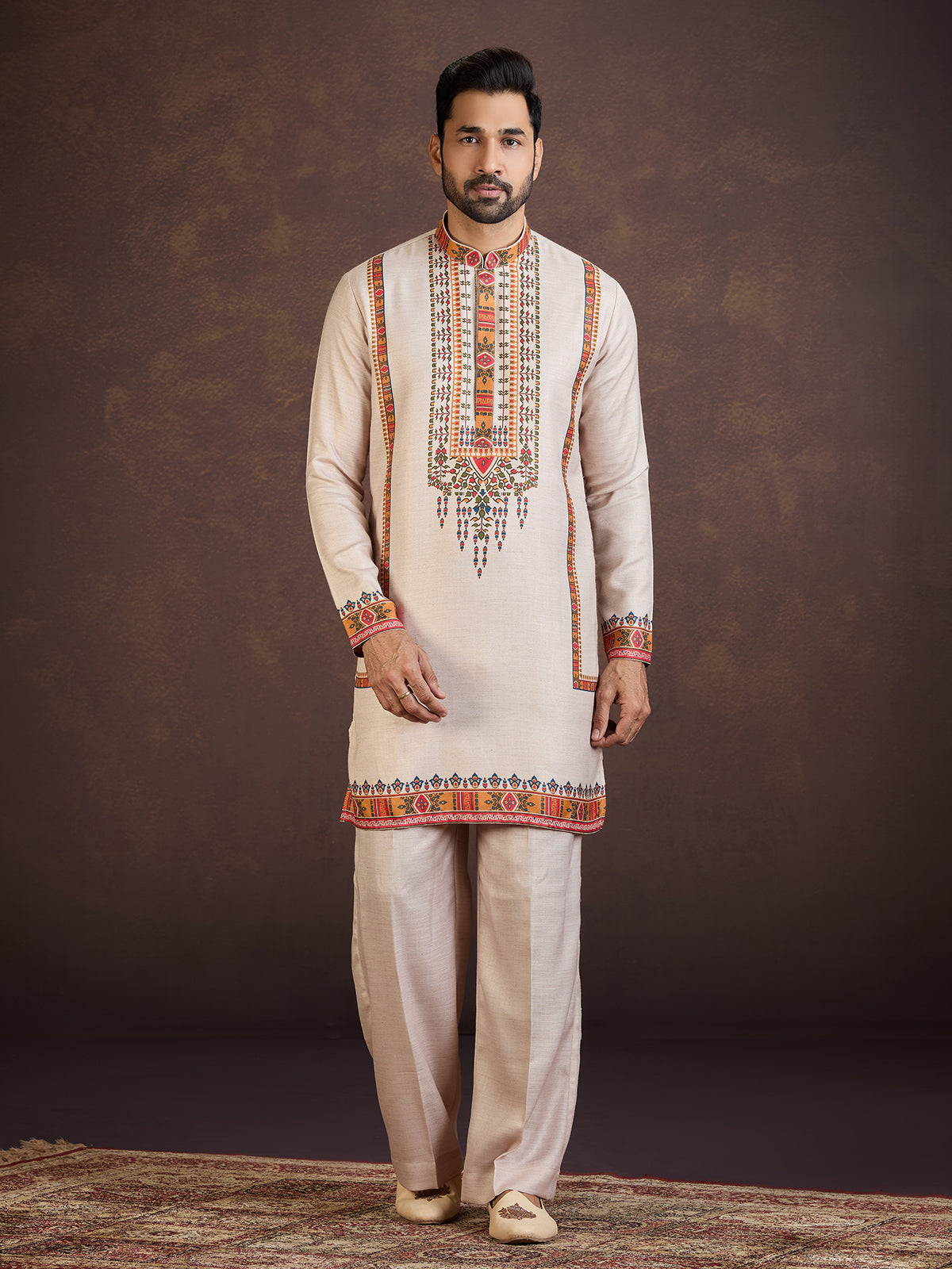 Beige printed soft linen kurta suit for wedding