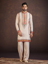 Beige printed soft linen kurta suit for wedding