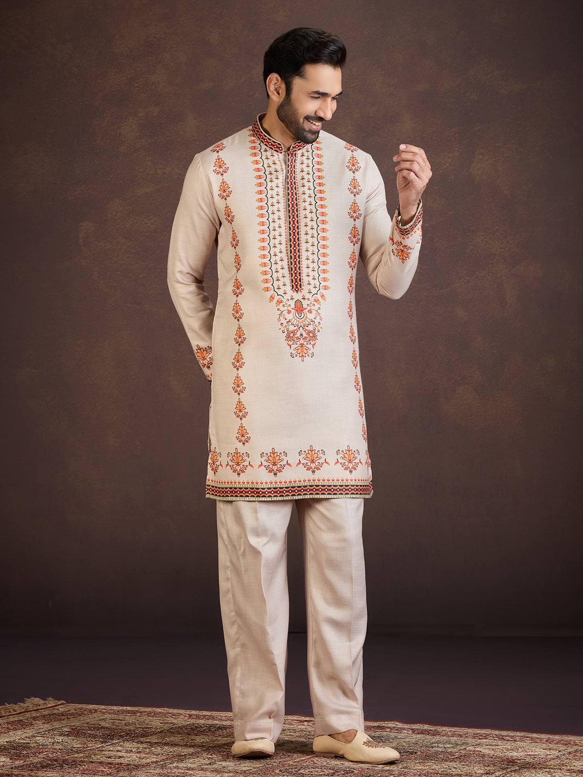 Beige wedding wear soft linen kurta suit with print