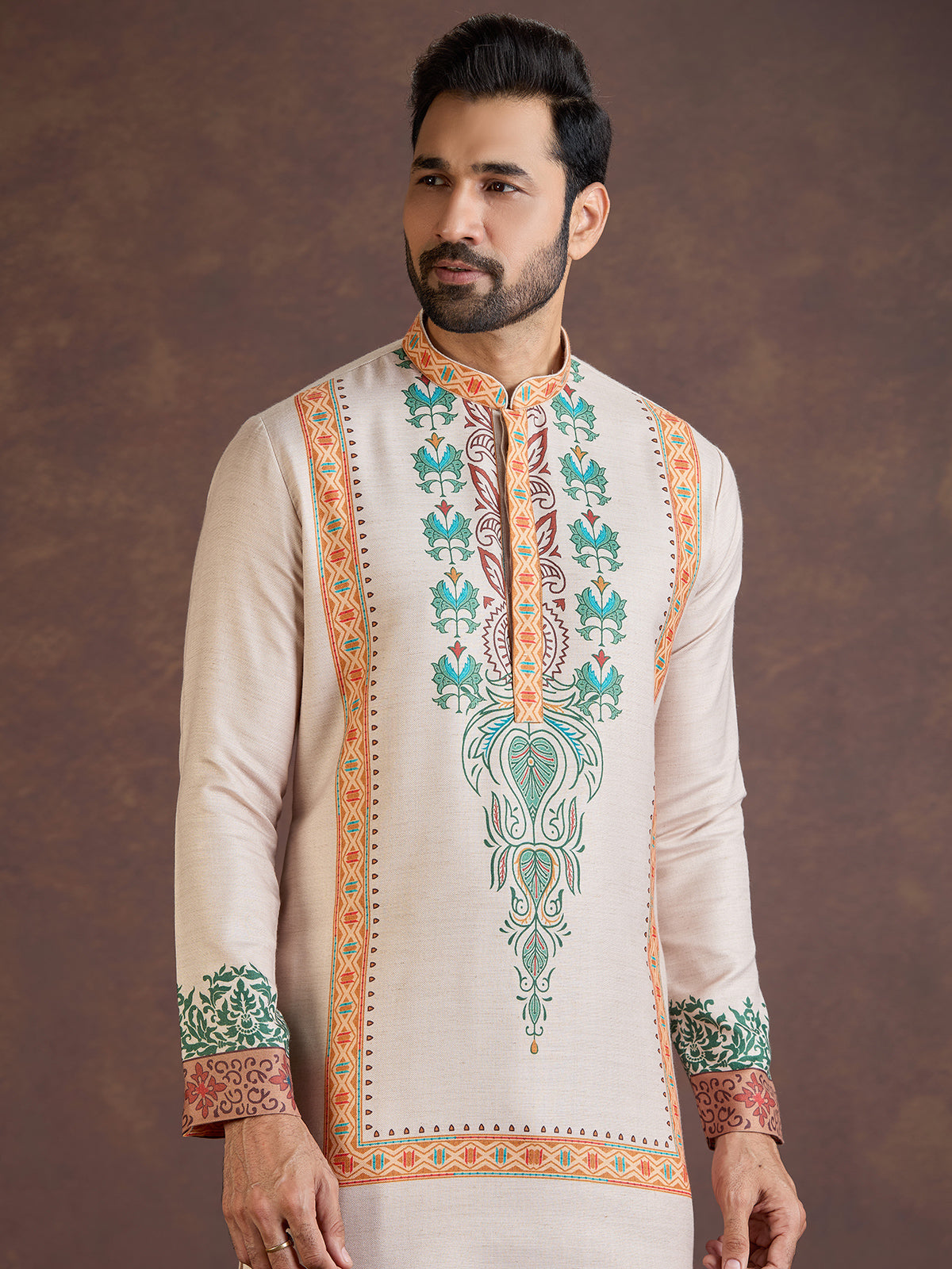 Beige printed wedding wear kurta suit with print