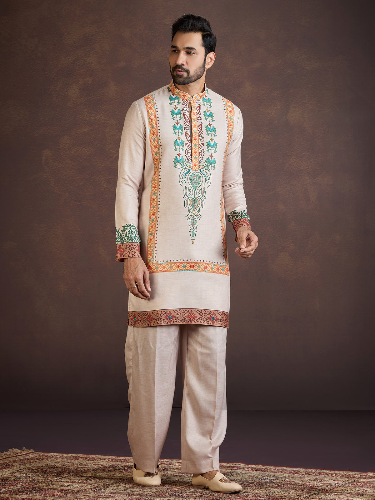 Beige printed wedding wear kurta suit with print