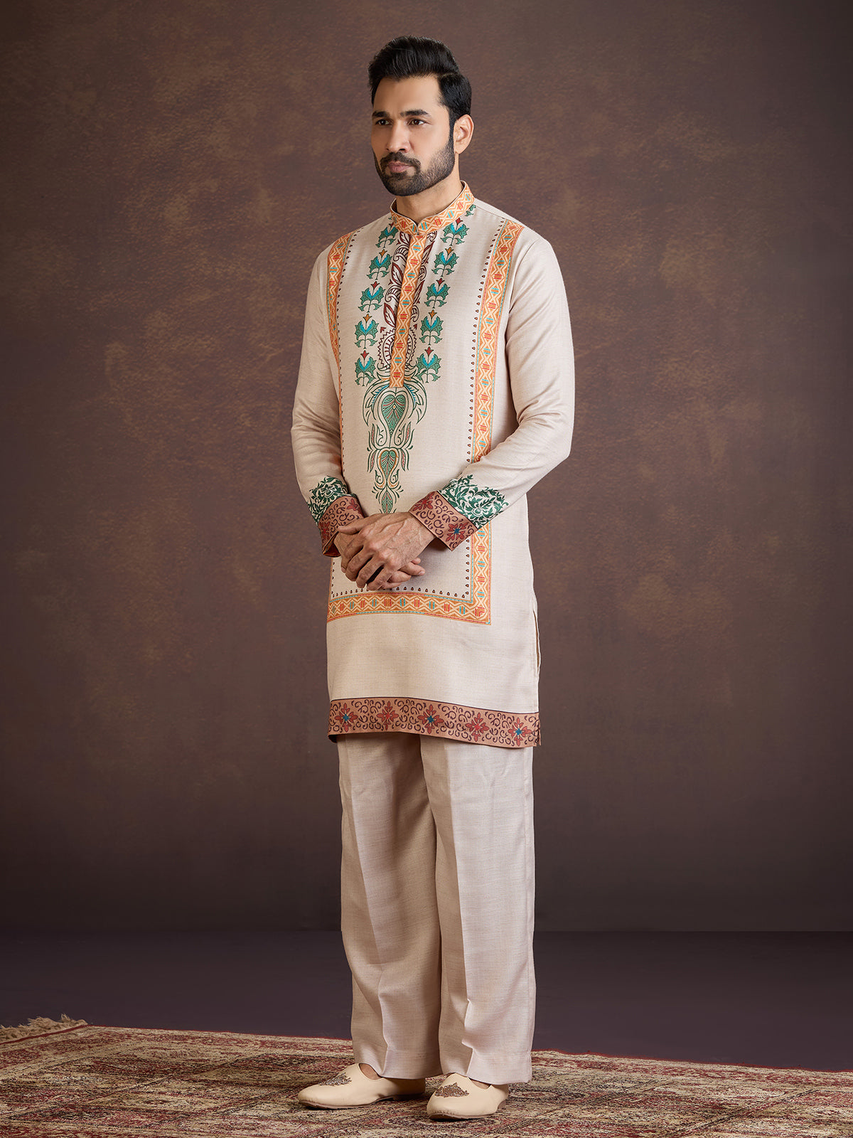Beige printed wedding wear kurta suit with print