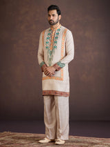 Beige printed wedding wear kurta suit with print