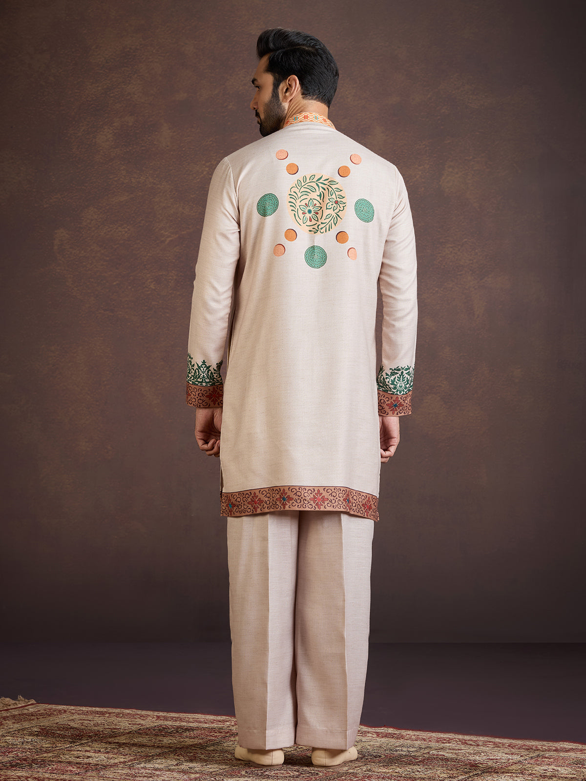 Beige printed wedding wear kurta suit with print