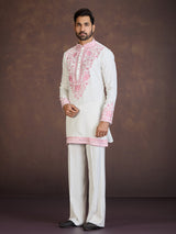 White viscose blend kurta suit with pink thread work