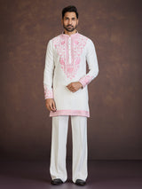 White viscose blend kurta suit with pink thread work