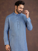 Blue thread worked cotton linen kurta suit
