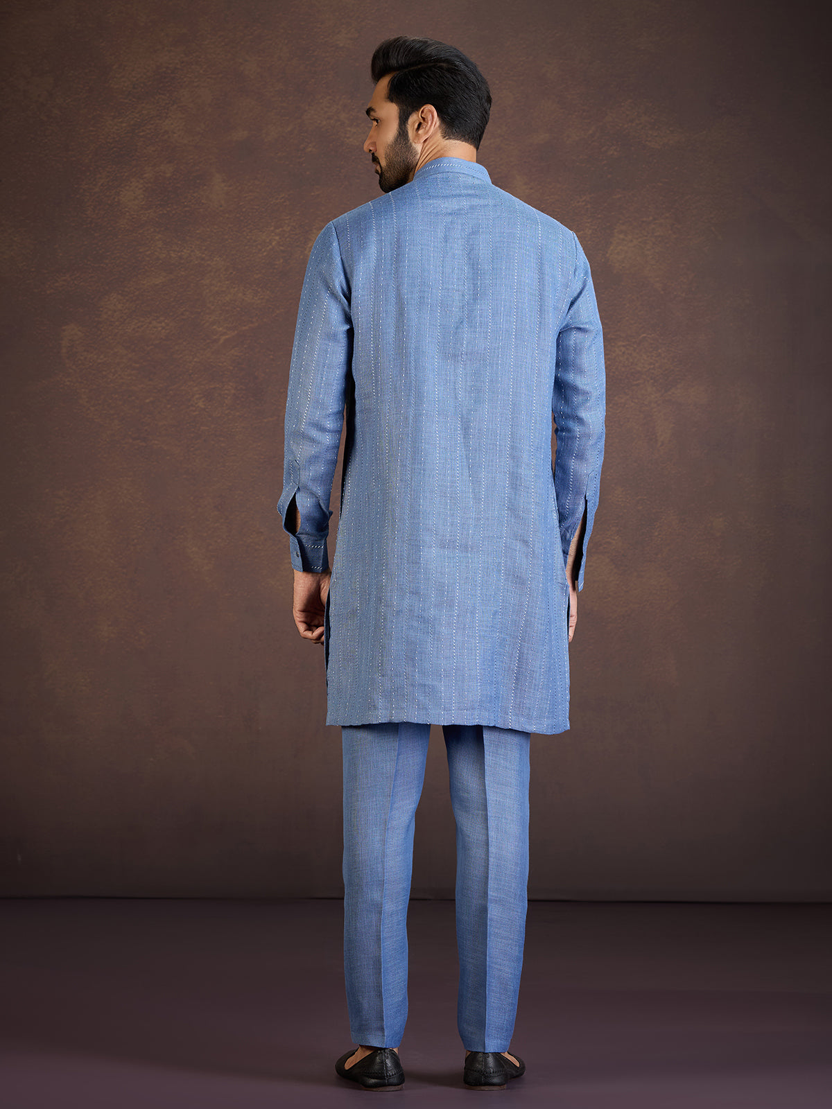 Blue thread worked cotton linen kurta suit