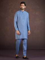 Blue thread worked cotton linen kurta suit