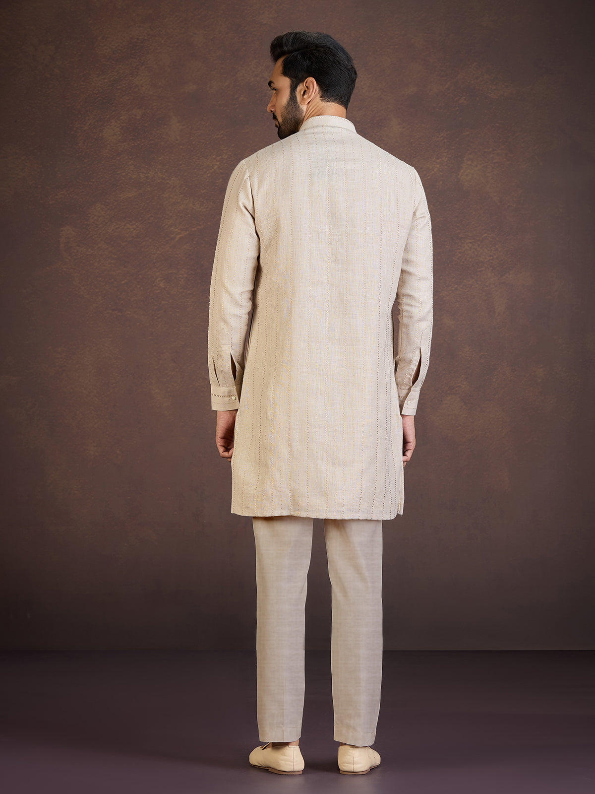 Beige festive wear cotton linen kurta suit