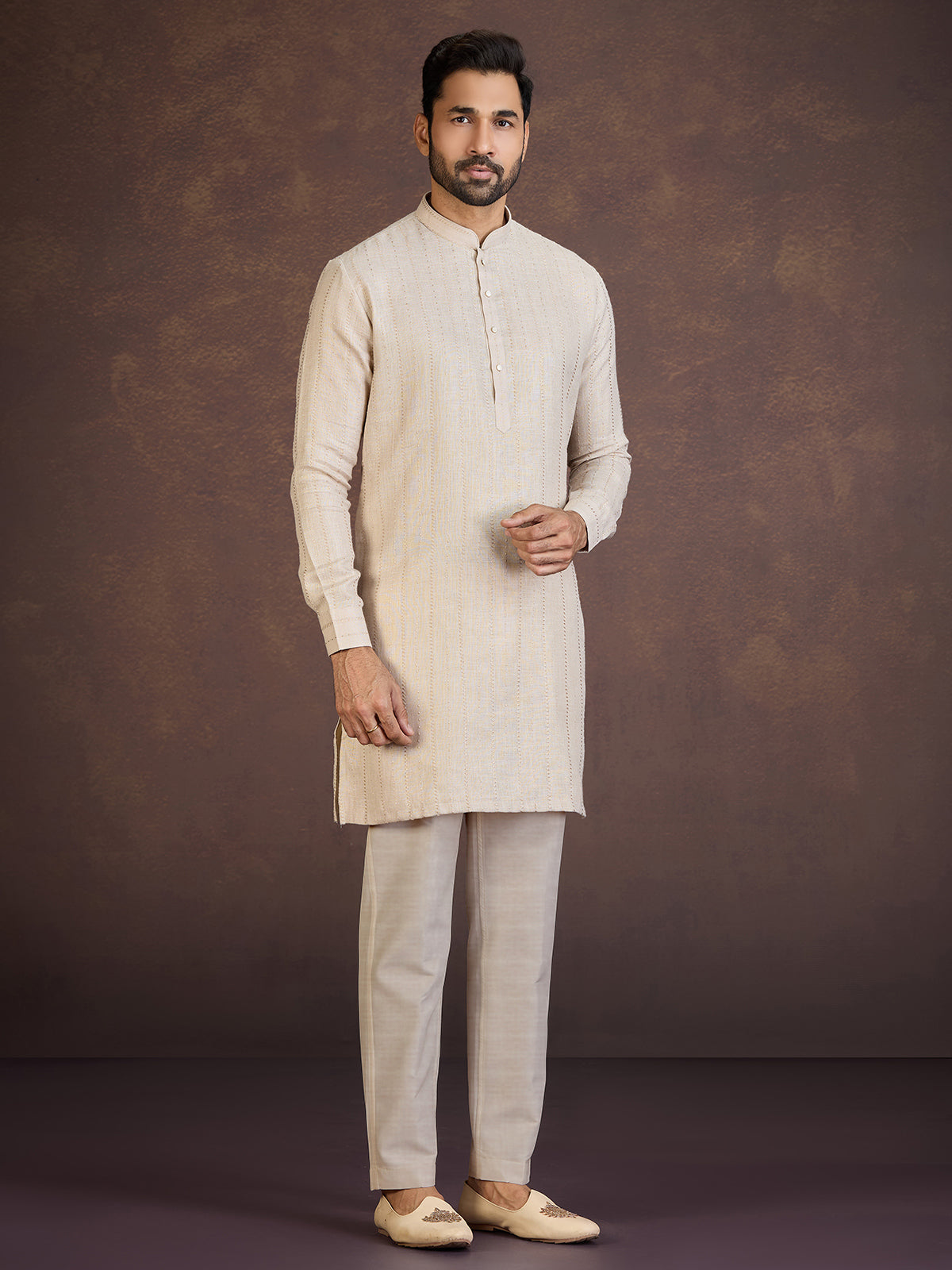 Beige festive wear cotton linen kurta suit