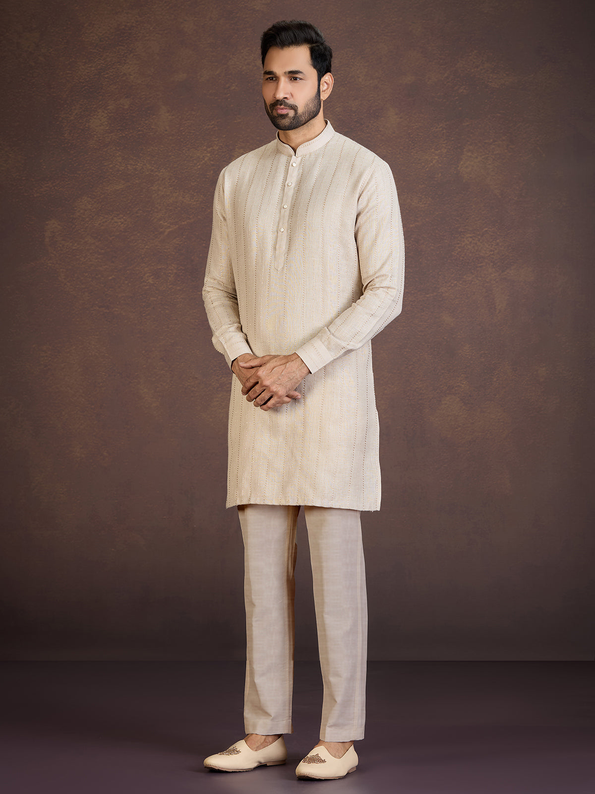 Beige festive wear cotton linen kurta suit
