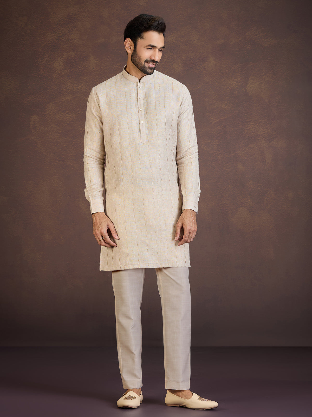 Beige festive wear cotton linen kurta suit