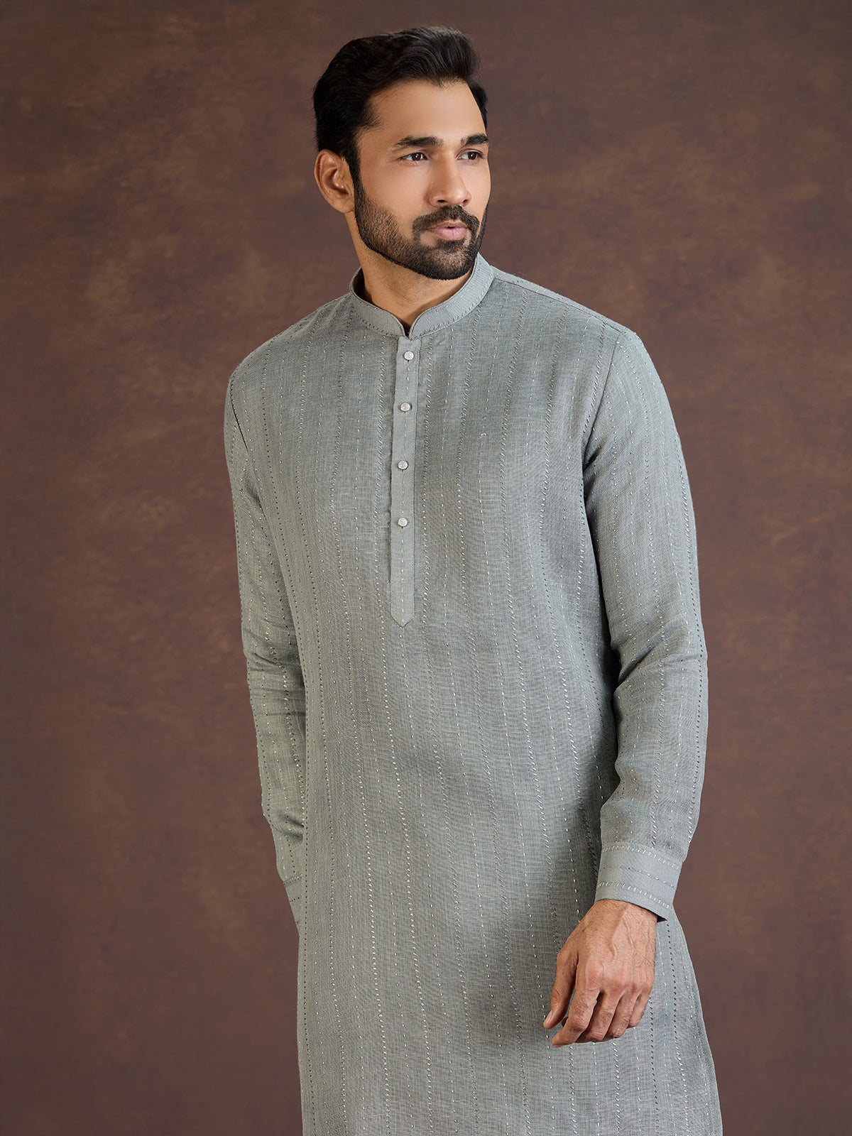 Grey cotton linen kurta suit with thread detailing