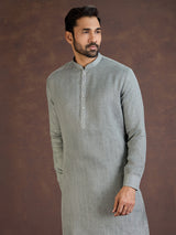 Grey cotton linen kurta suit with thread detailing