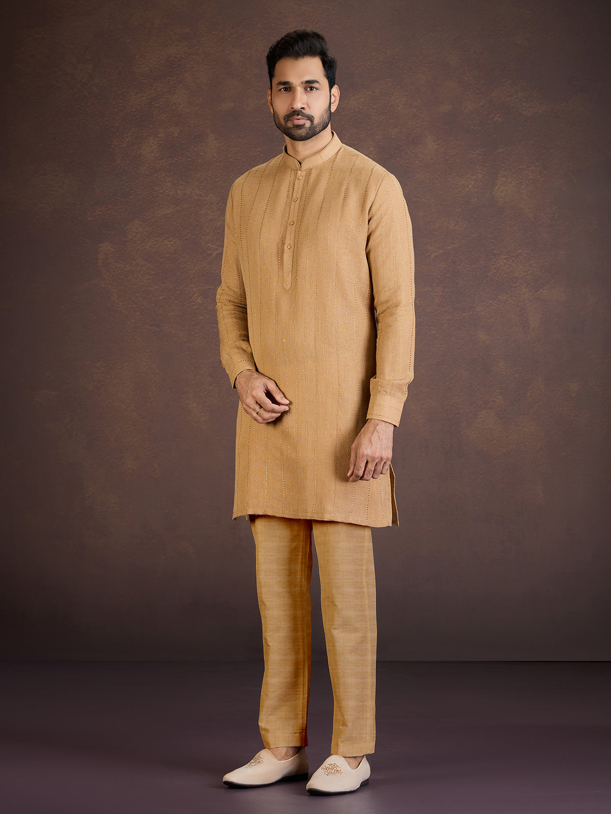 Mustard yellow festive wear cotton linen kurta suit