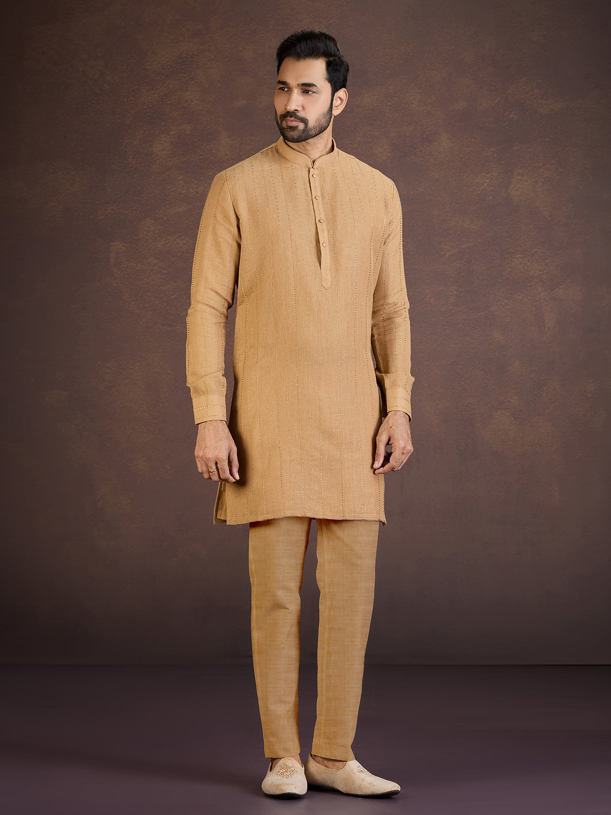 Mustard yellow festive wear cotton linen kurta suit