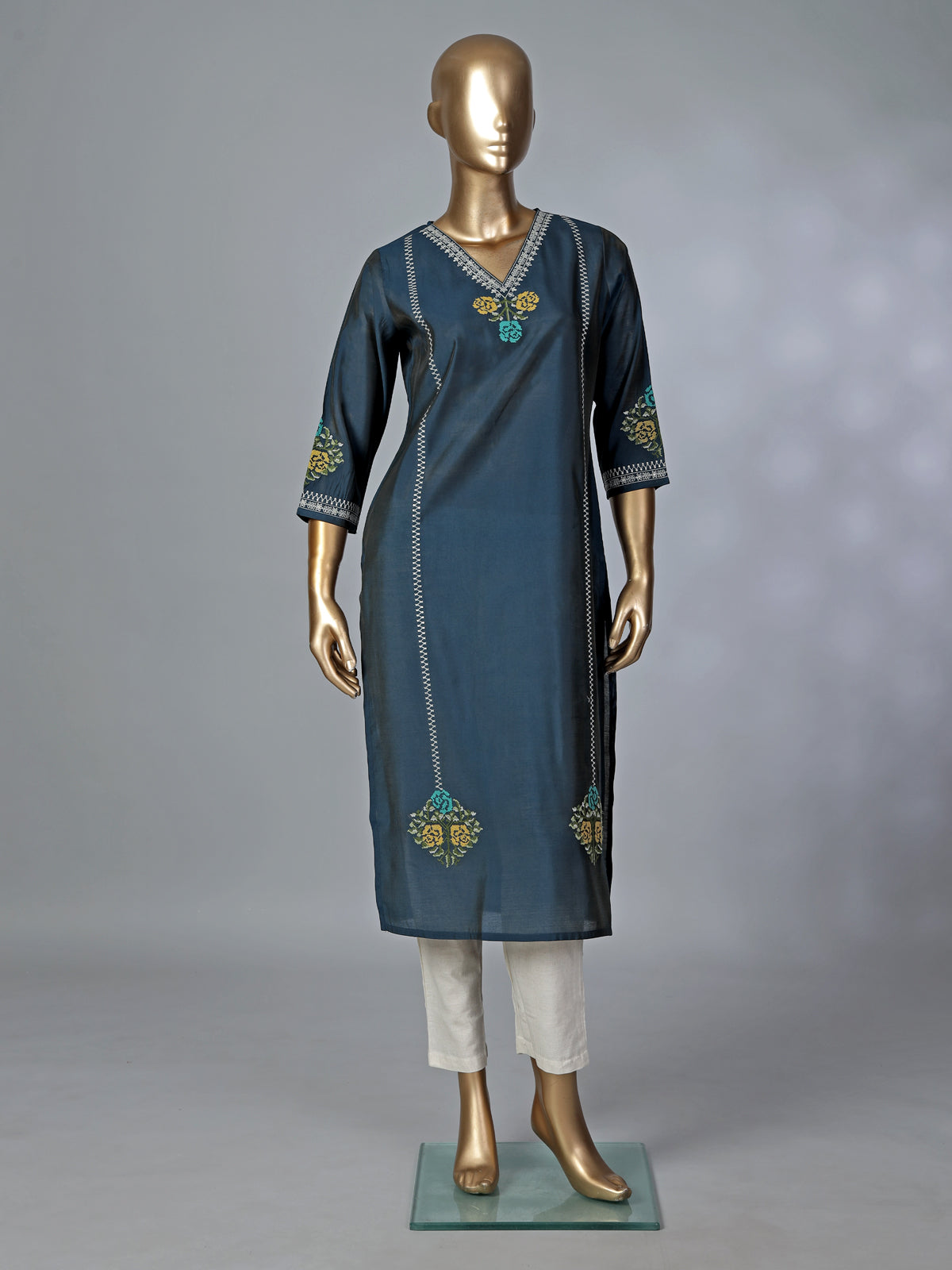 Teal blue silk thread and sequins casual kurti