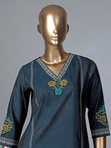 Teal blue silk thread and sequins casual kurti