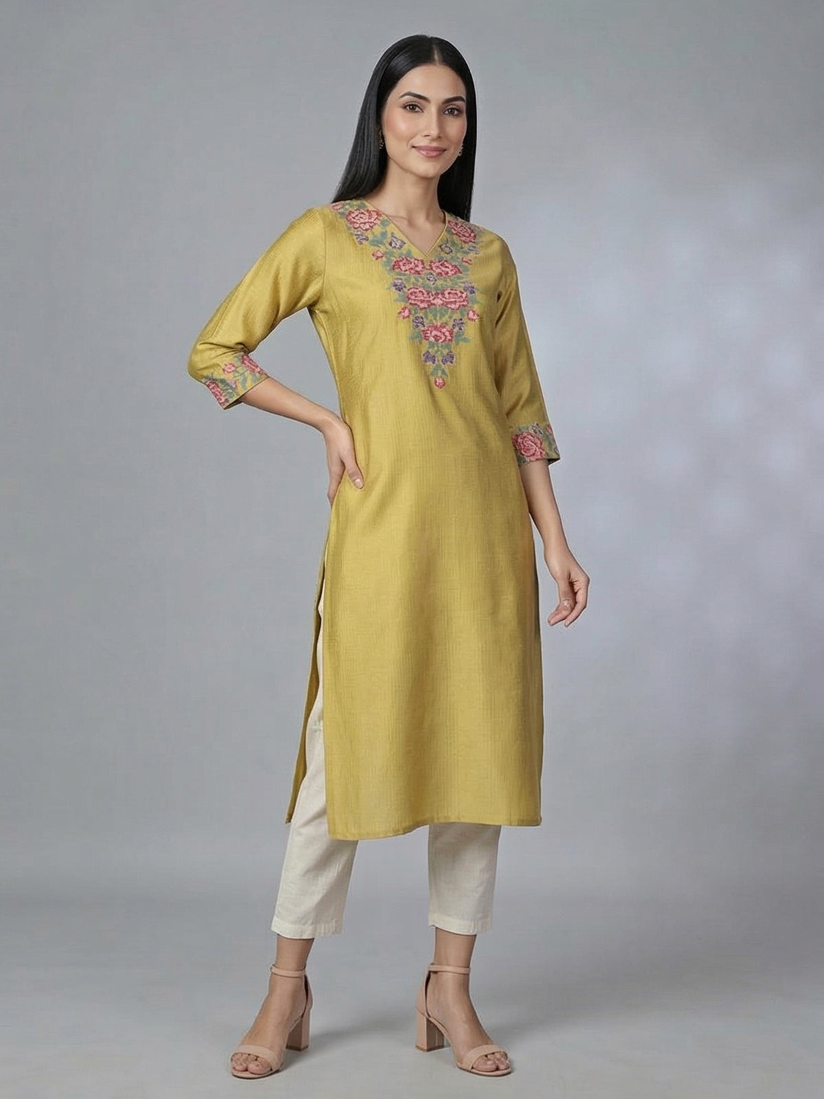 Khaki silk thread work elegant casual kurti