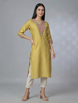 Khaki silk thread work elegant casual kurti