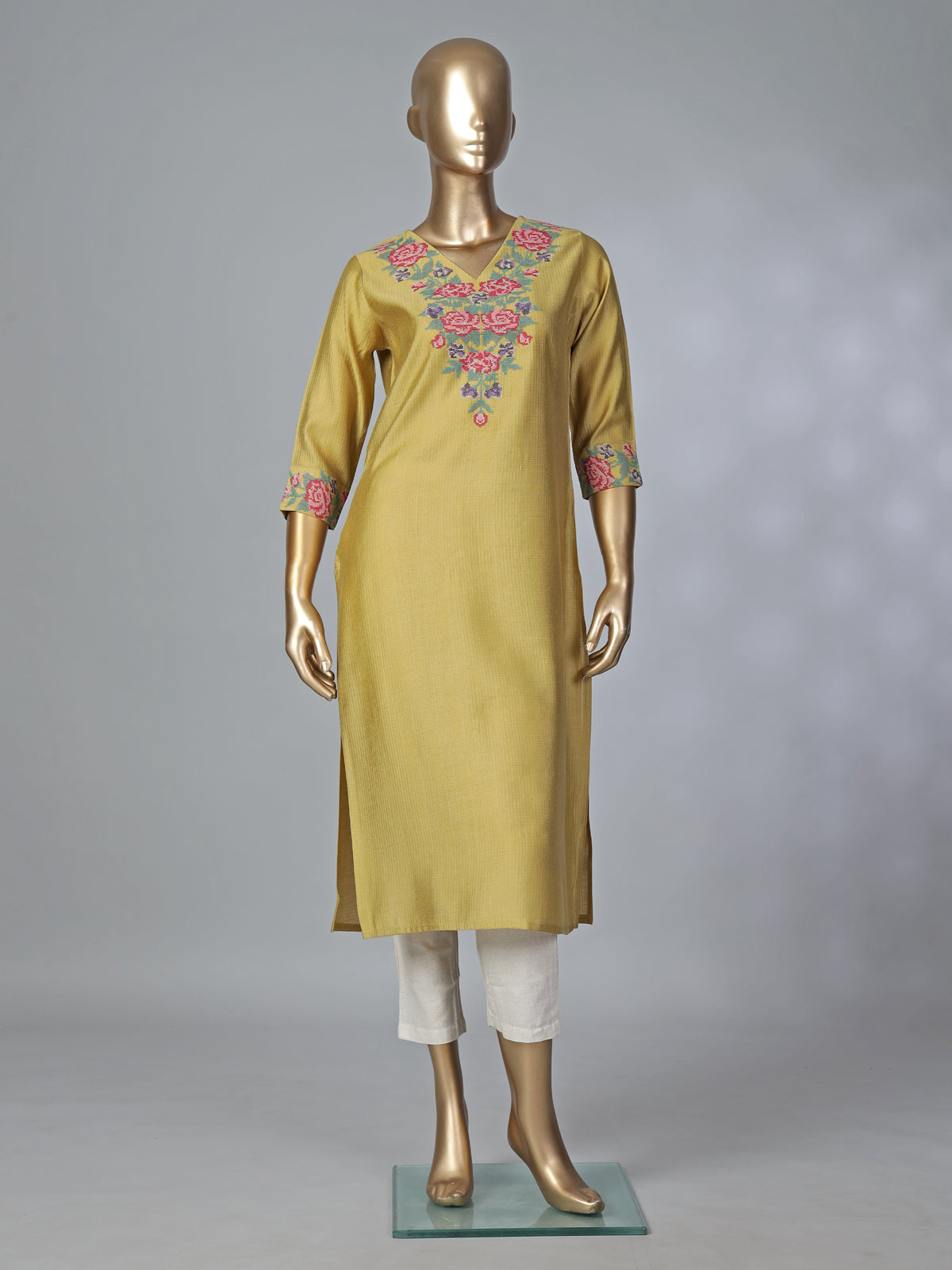 Khaki silk thread work elegant casual kurti