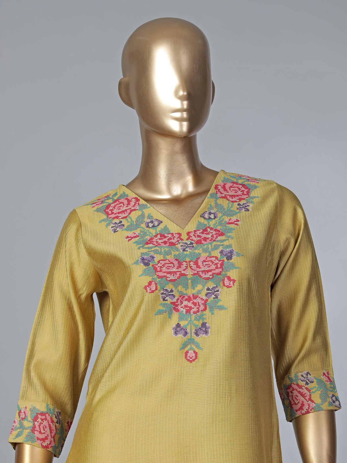 Khaki silk thread work elegant casual kurti