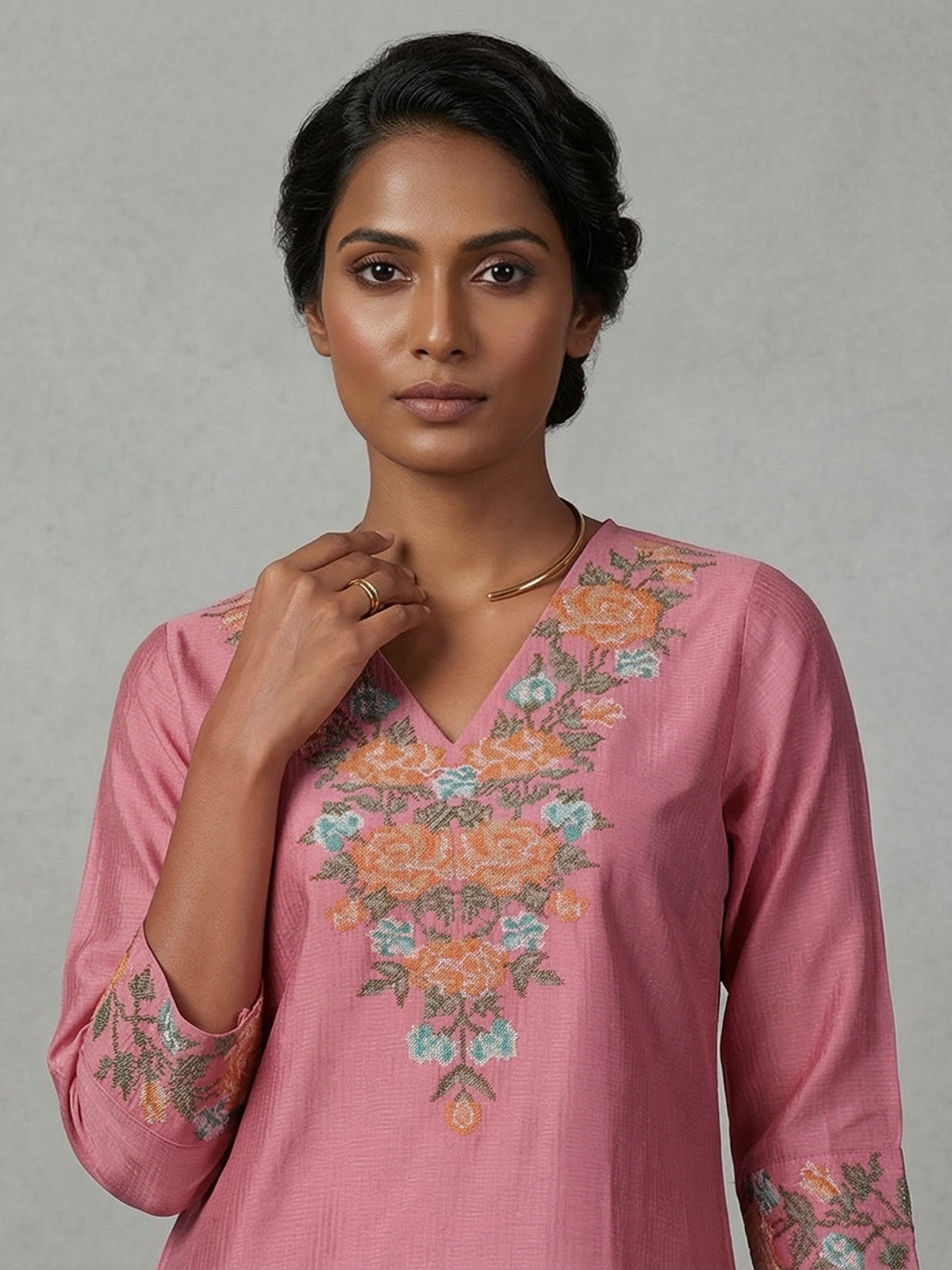 Onion pink silk thread work stylish casual kurti