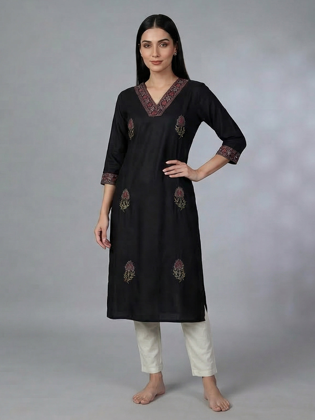 Black cotton silk embroidered elegant casual kurti