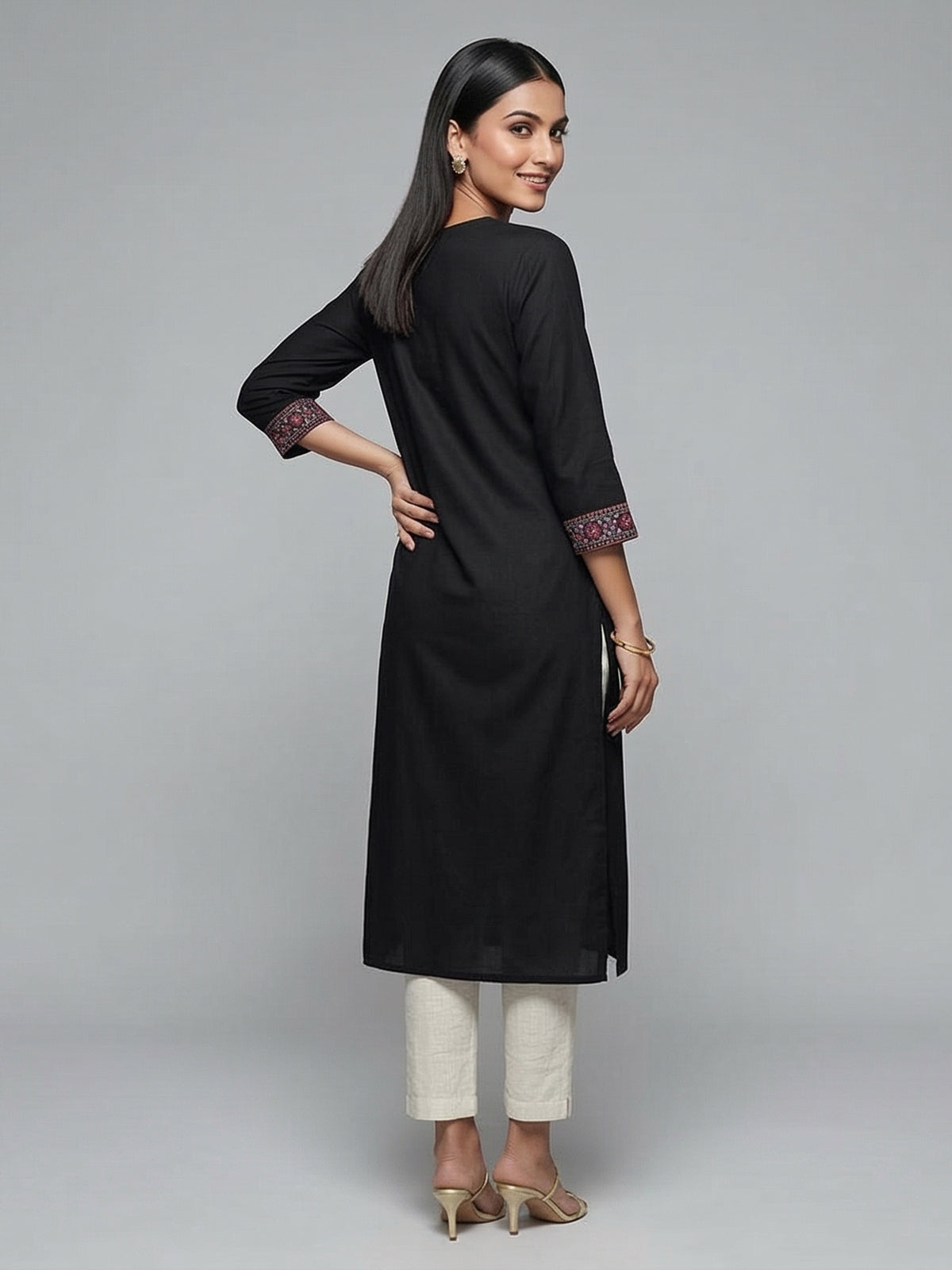 Black cotton silk embroidered elegant casual kurti