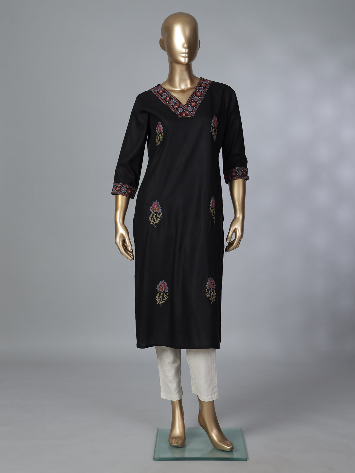 Black cotton silk embroidered elegant casual kurti