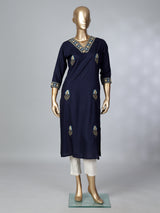 Navy blue cotton silk embroidered casual kurti