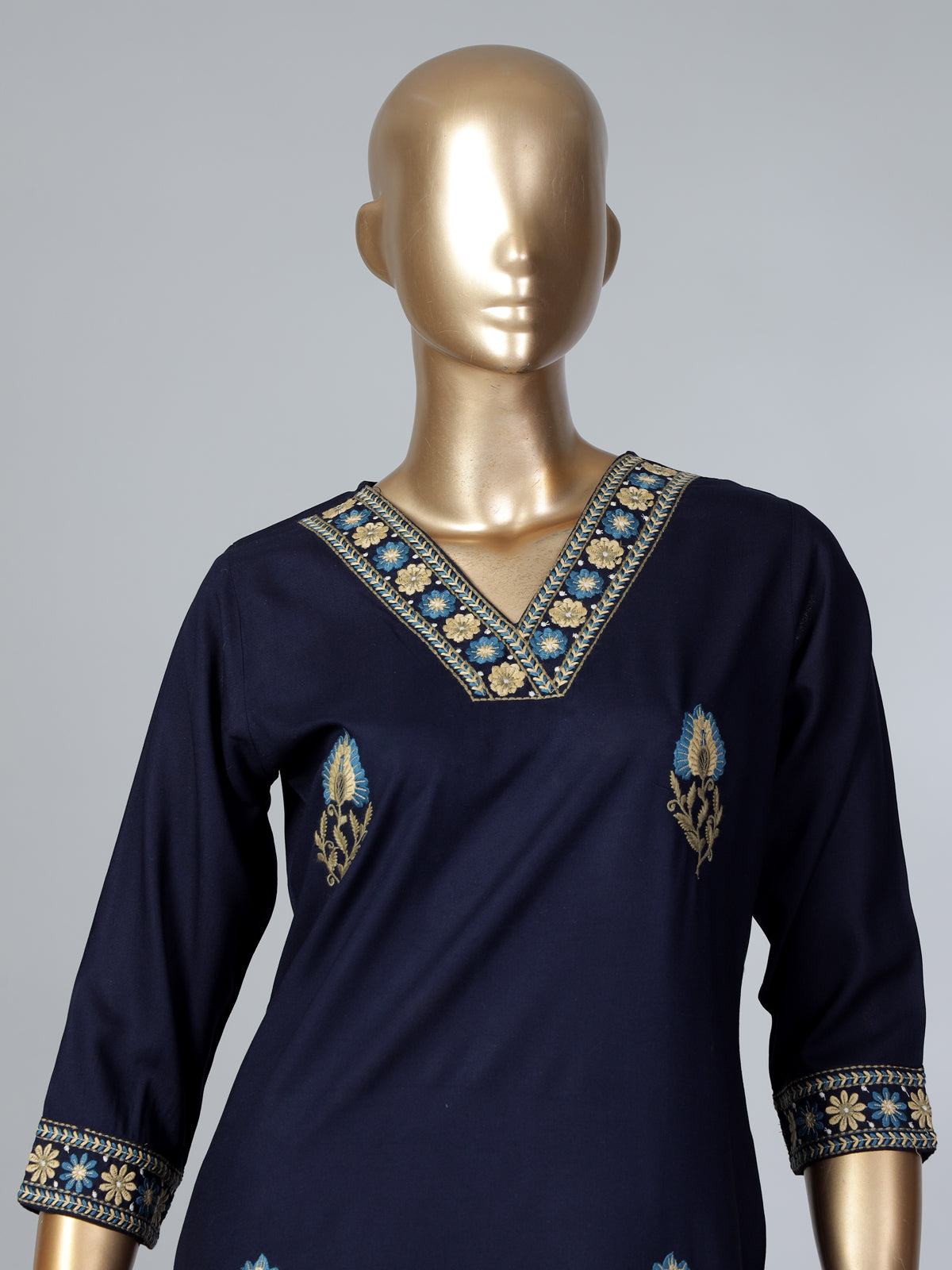 Navy blue cotton silk embroidered casual kurti