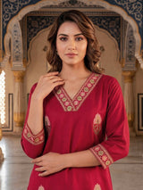 Bright maroon cotton silk embroidered elegant casual kurti