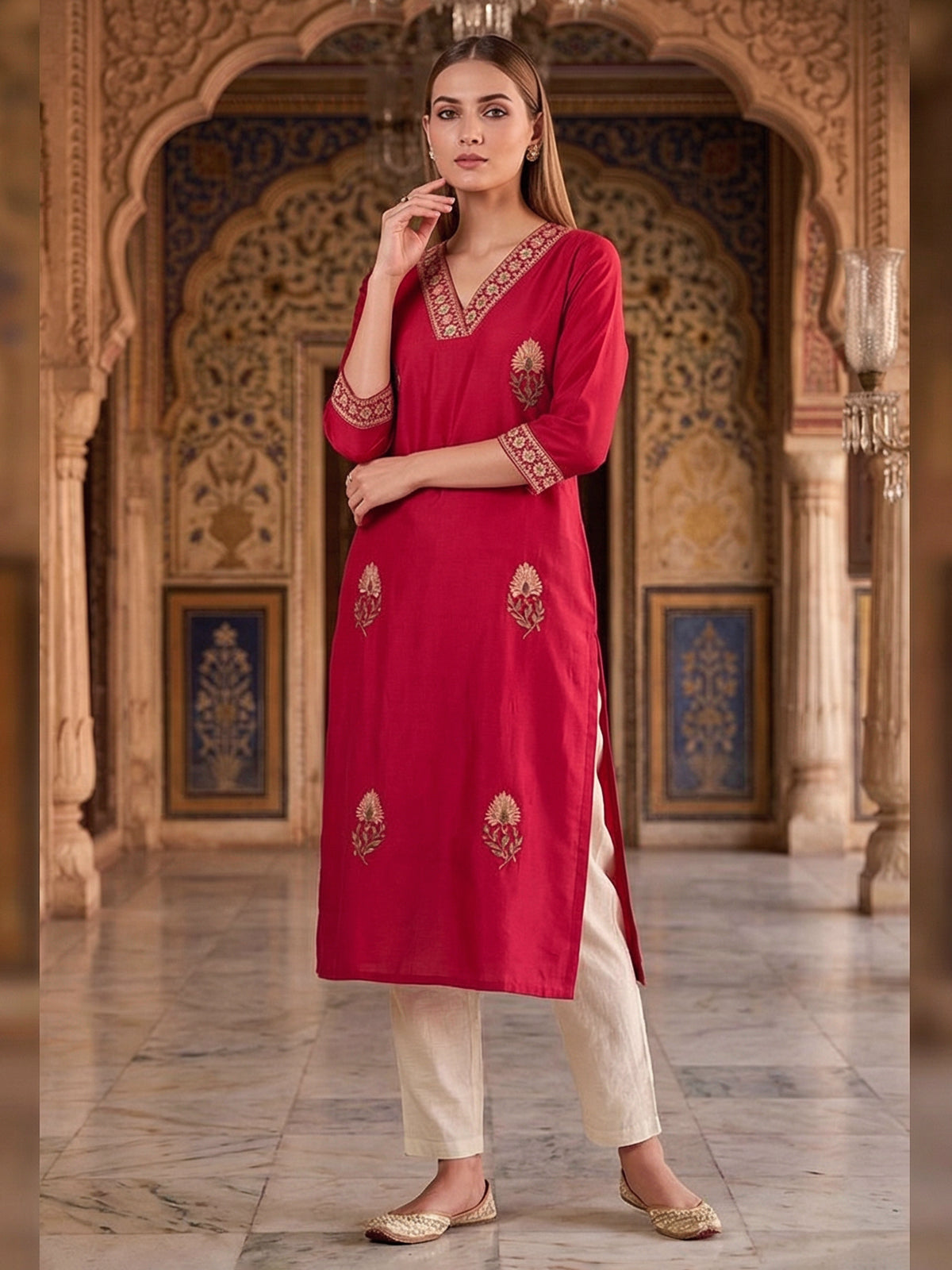 Bright maroon cotton silk embroidered elegant casual kurti