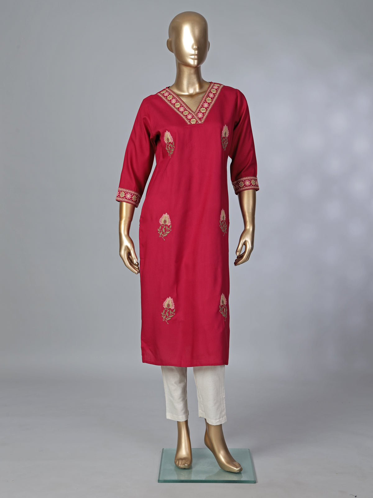 Bright maroon cotton silk embroidered elegant casual kurti