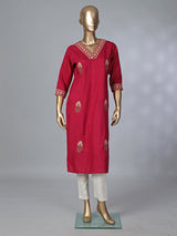 Bright maroon cotton silk embroidered elegant casual kurti