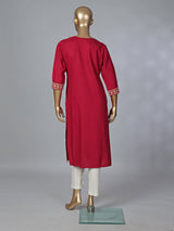 Bright maroon cotton silk embroidered elegant casual kurti