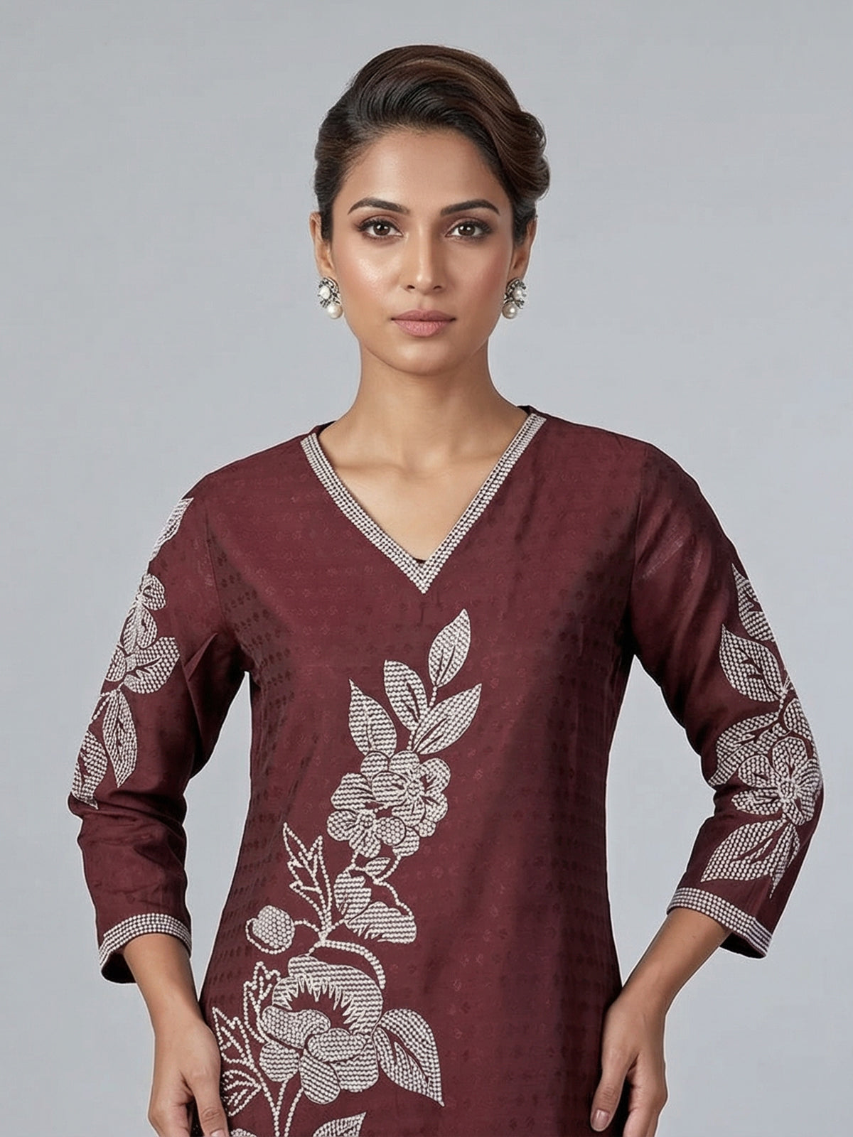 Maroon silk thread and sequins embellished casual kurti