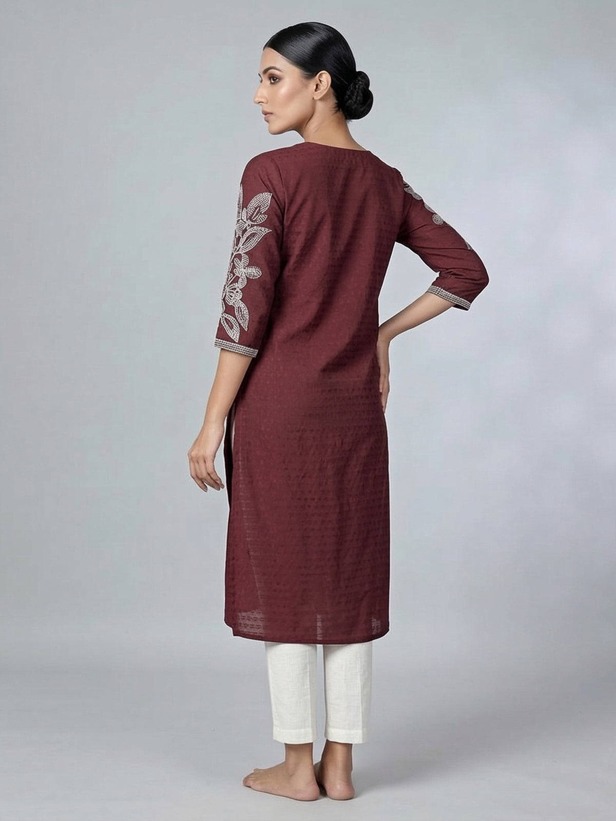Maroon silk thread and sequins embellished casual kurti