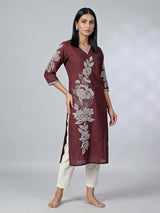 Maroon silk thread and sequins embellished casual kurti