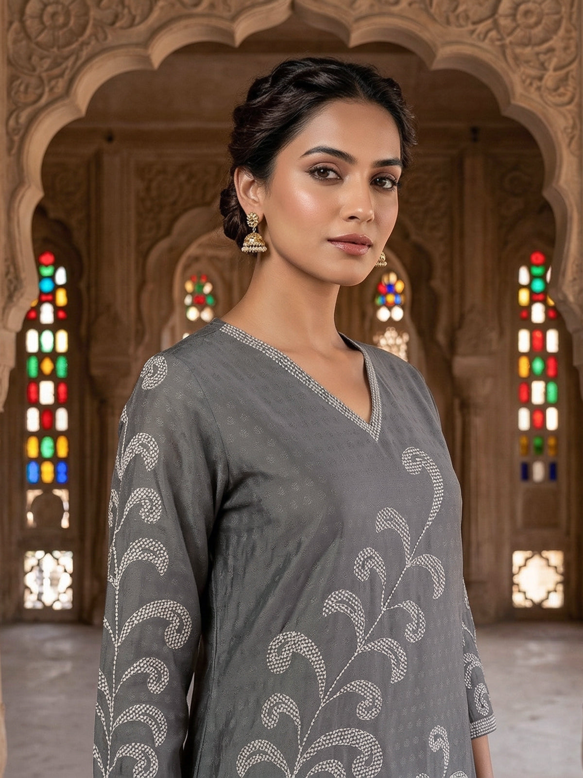 Grey silk thread sequins embellished stylish casual kurti