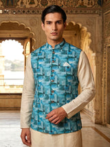 Trendy blue silk printed waistcoat
