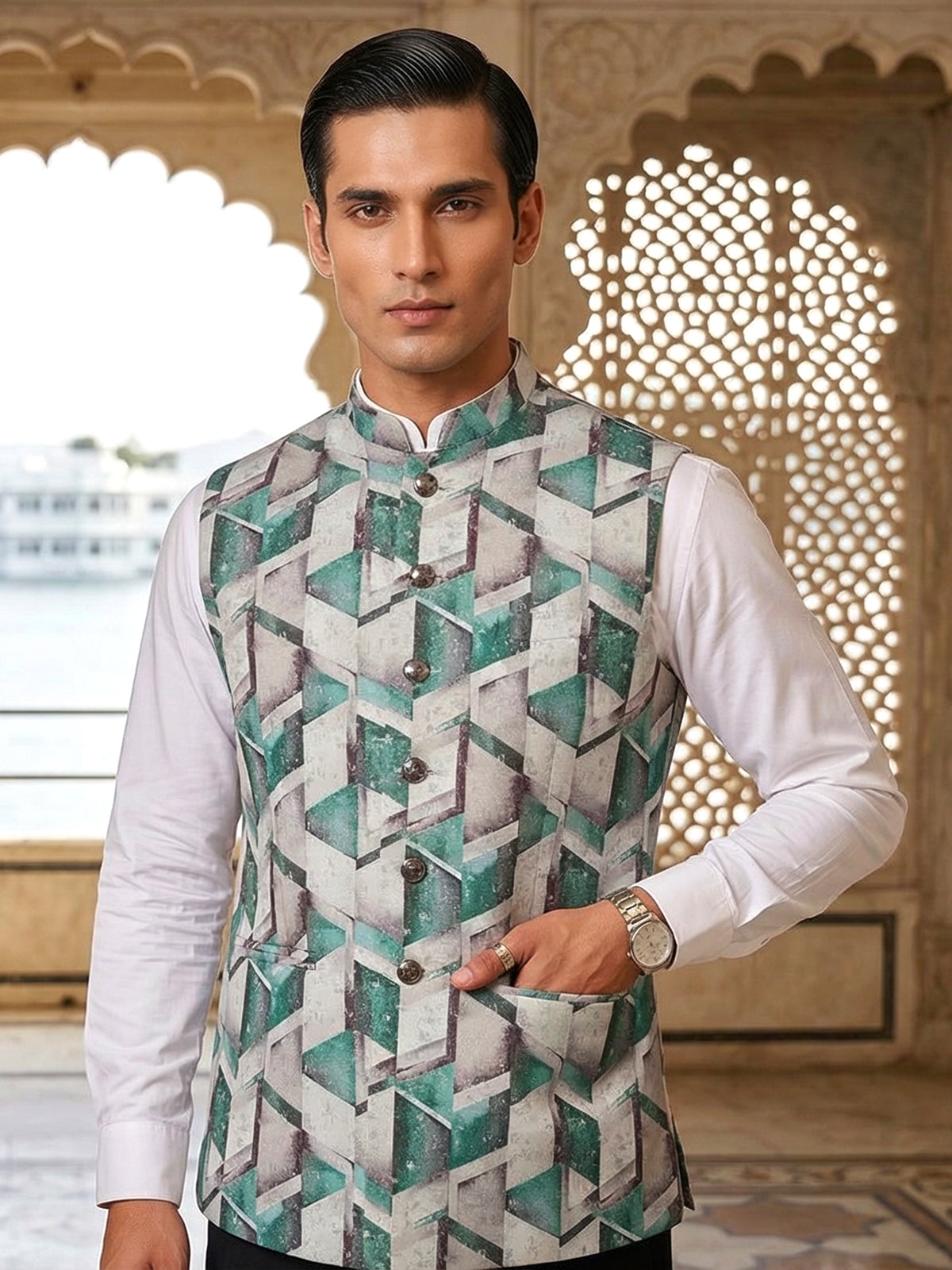 Silk grey and green printed waistcoat