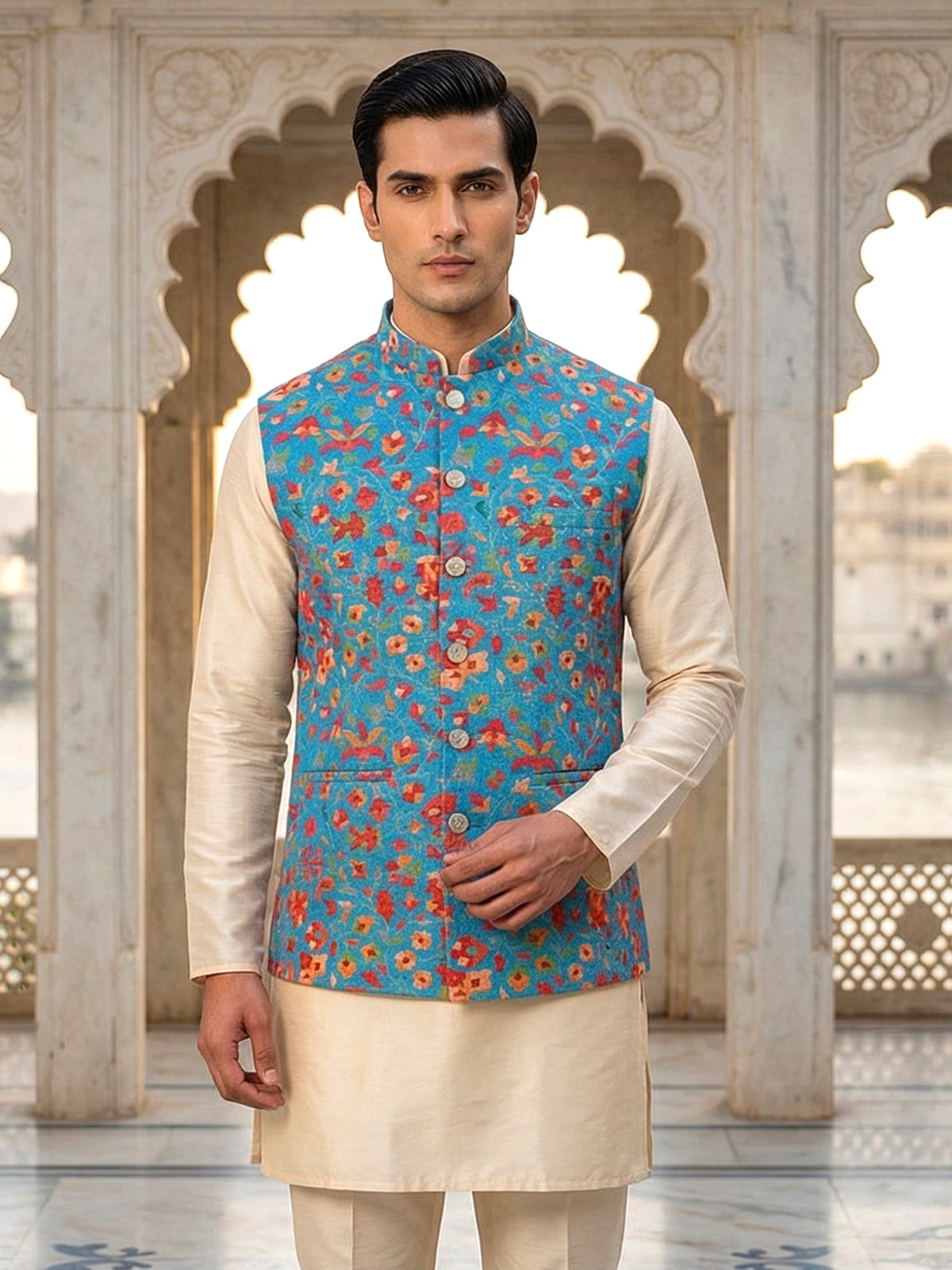 Blue cotton silk waistcot set for men