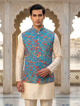 Blue cotton silk waistcot set for men