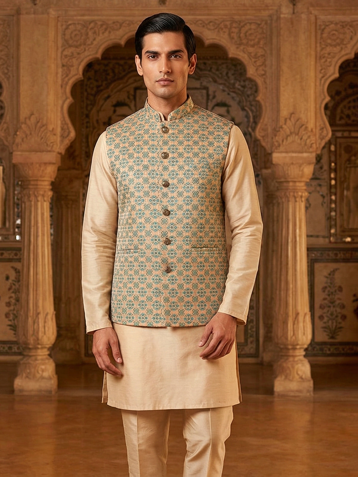 Cream sequins worked cotton silk waistcoat