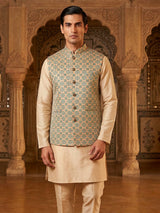 Cream sequins worked cotton silk waistcoat
